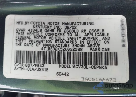 2002 Toyota Camry Le из США, поврежденный, VIN 4T1BE32K52U632588